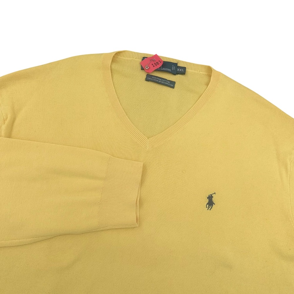 Polo Ralph Lauren Mens XXL Yellow V-Neck 100% Pima Cotton Knit Pony Sweater